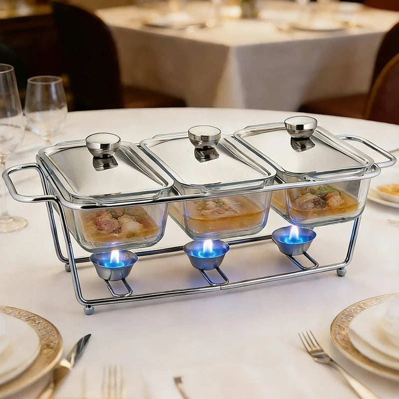 2-Pack Glass Food Warmers with Stainless Steel Rack, Chafing Dish Set with Lids & Candle Heating for Buffet Party