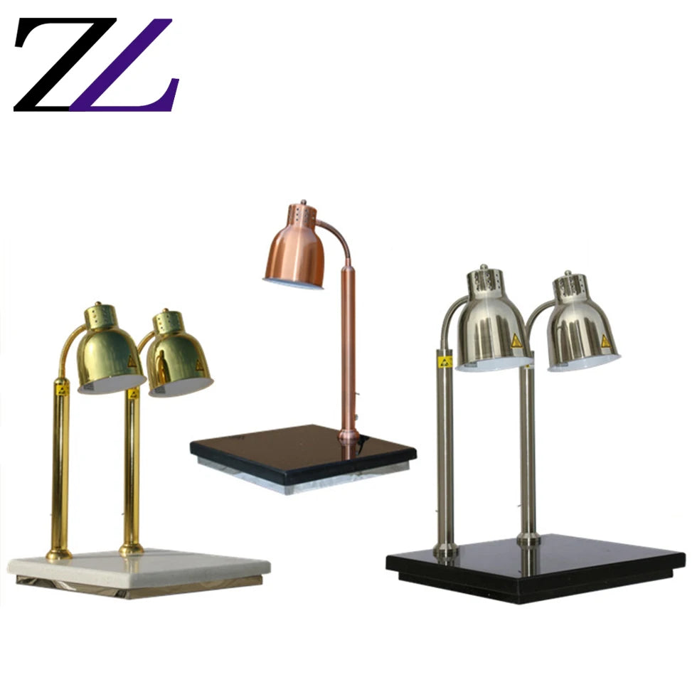 Golden Twin-Head Food Warmer Lamp with Black Marble Base