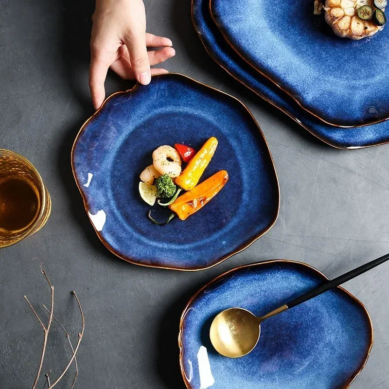 Deep Blue Ceramic Plates – Irregular Artisan Tableware for Hotels & Events