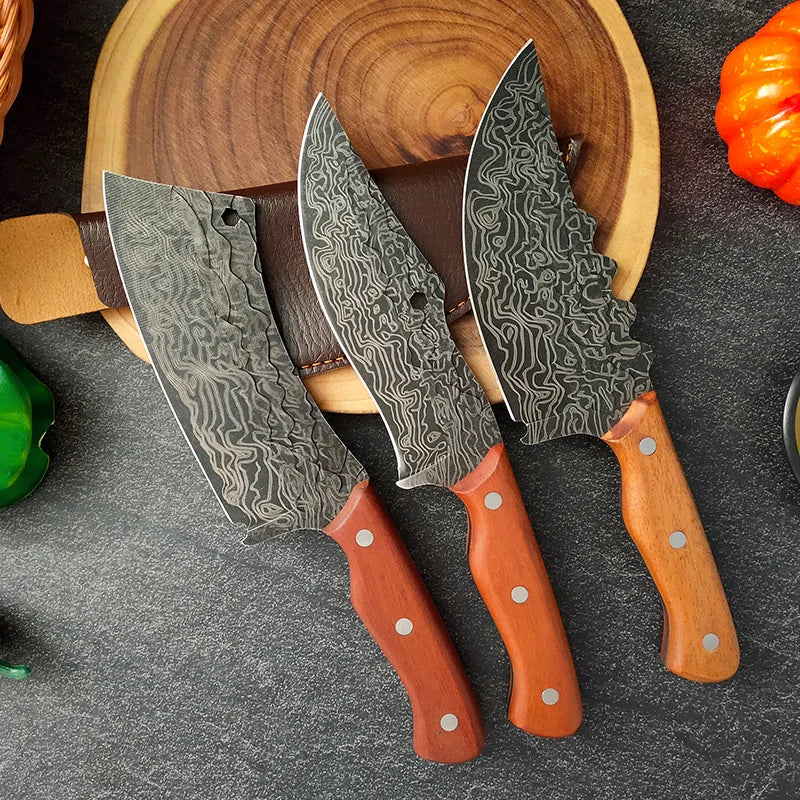 Professional Damascus Forged Kitchen Knife Set – Wooden Handle Chef & Cleaver Knives