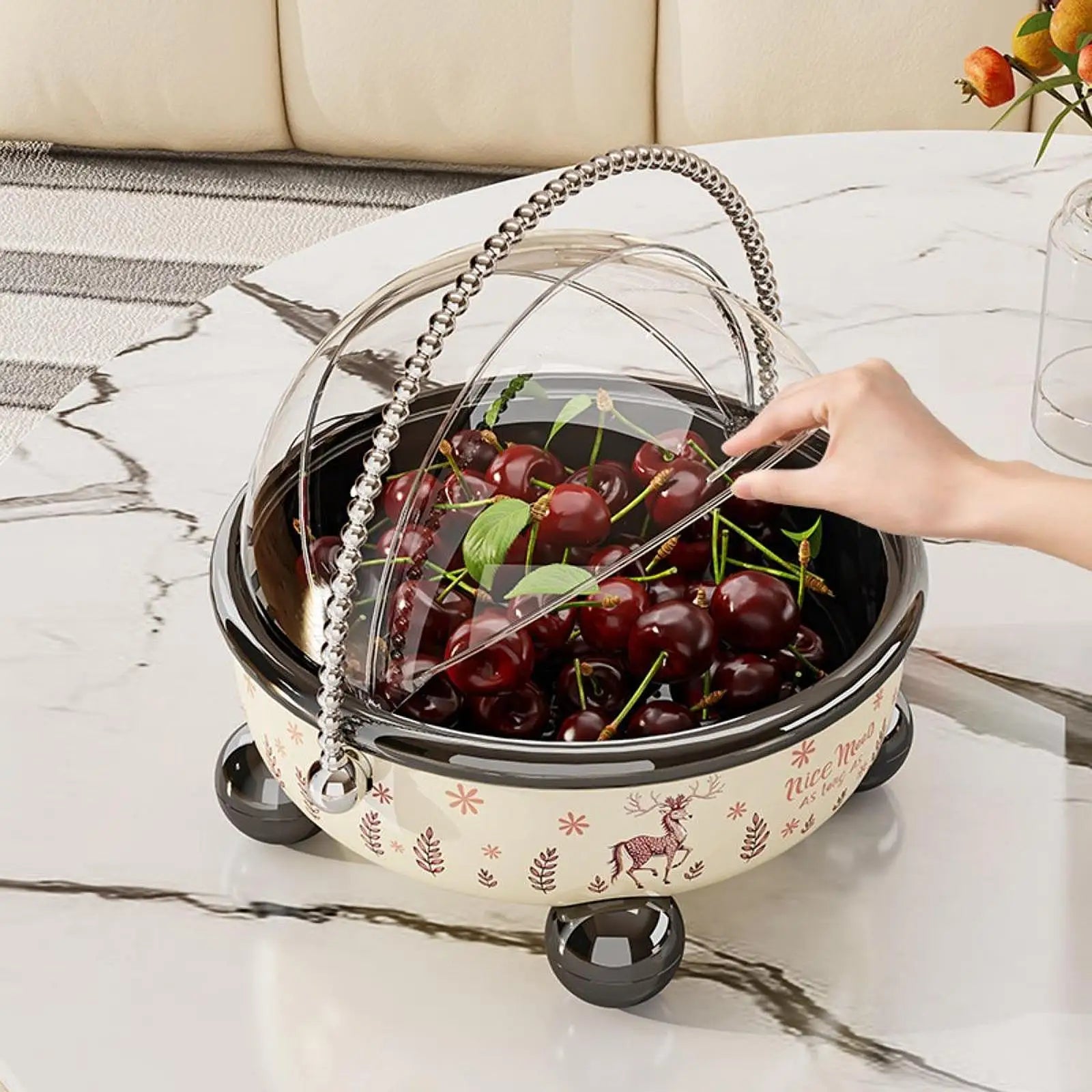 Lidded Pedestal Fruit & Snack Bowl with Chain Handle