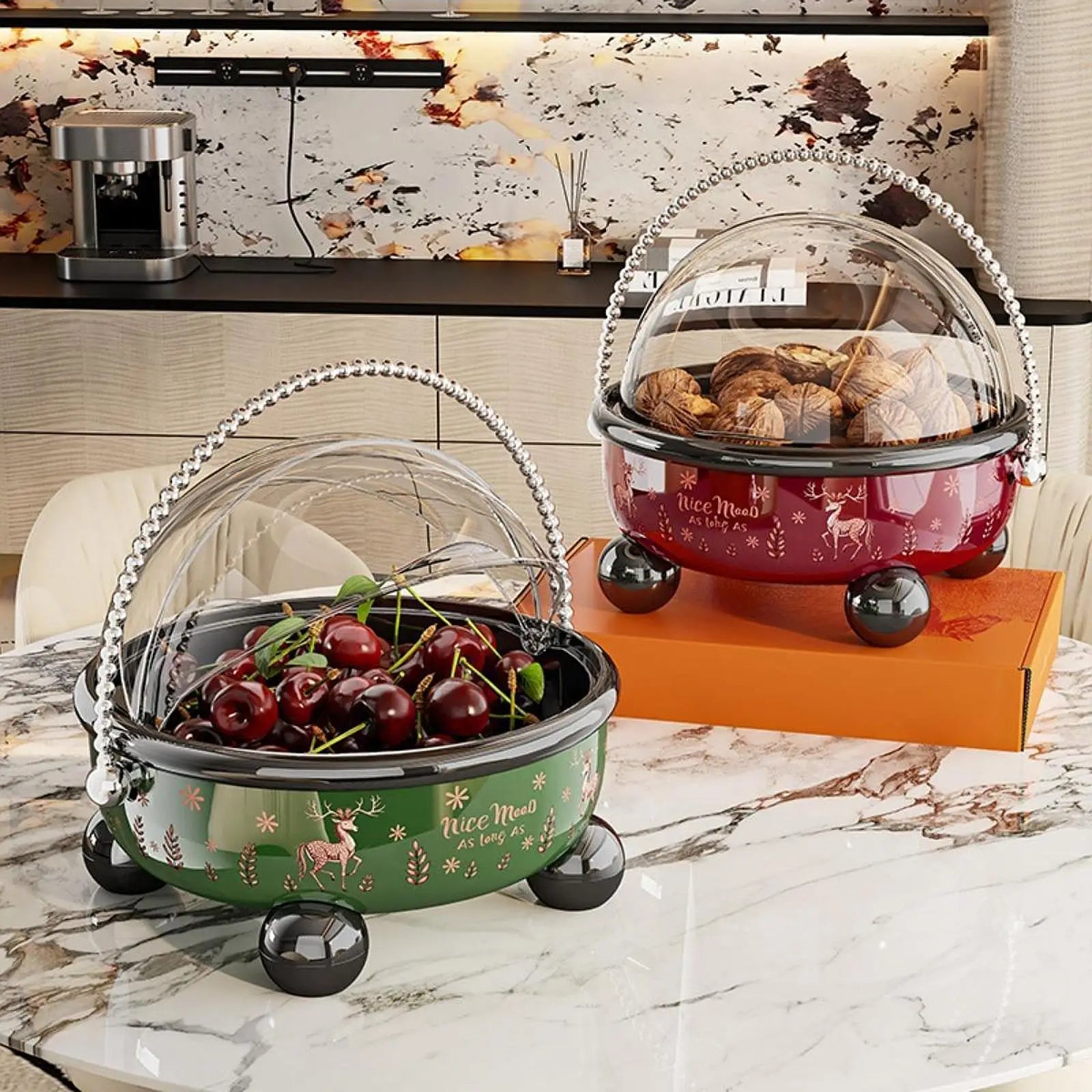 Lidded Pedestal Fruit & Snack Bowl with Chain Handle