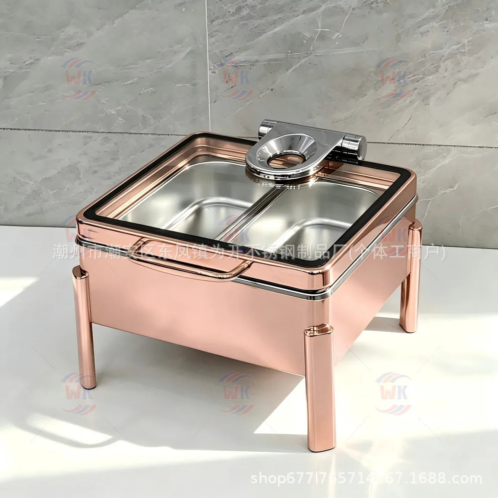 Stainless Steel Chafing Dish, Rose Gold Hammered Texture, Commercial Heating Food Warmer for Hotel Buffet Breakfast