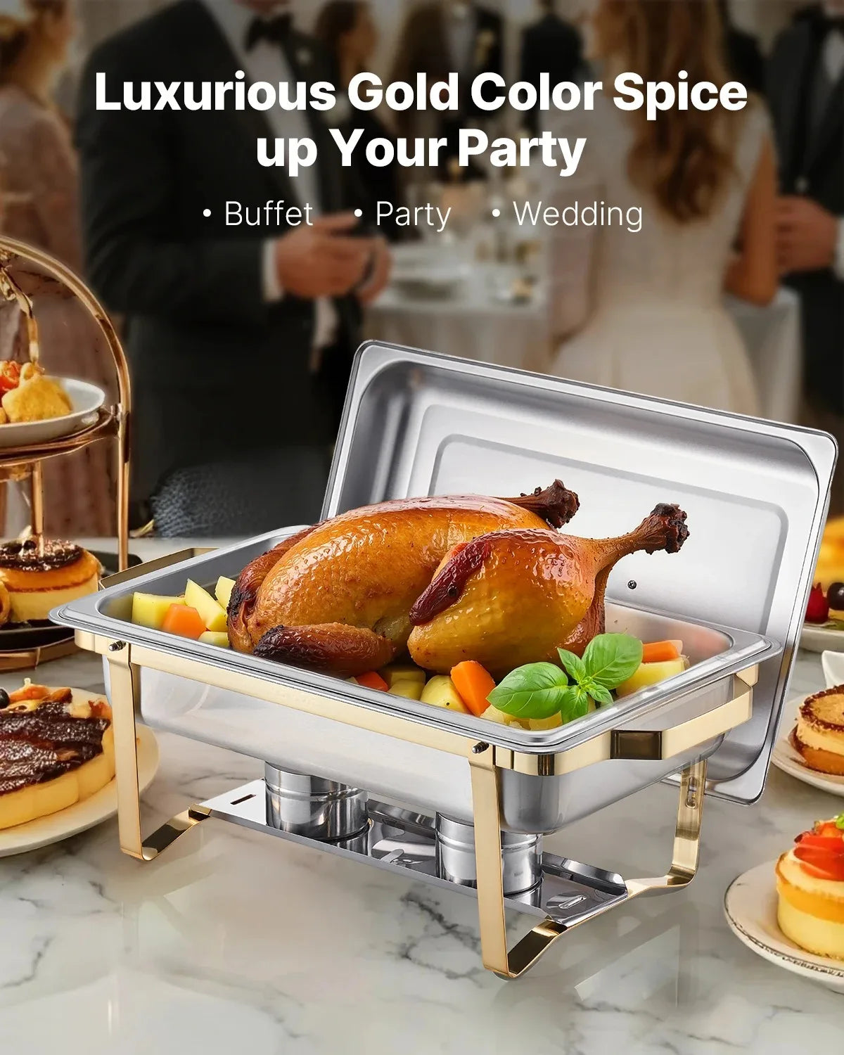4-Pack Chafing Dish Buffet Set | 8Qt Stainless Steel Chafer with Full & Half Size Pans | Silver or Gold