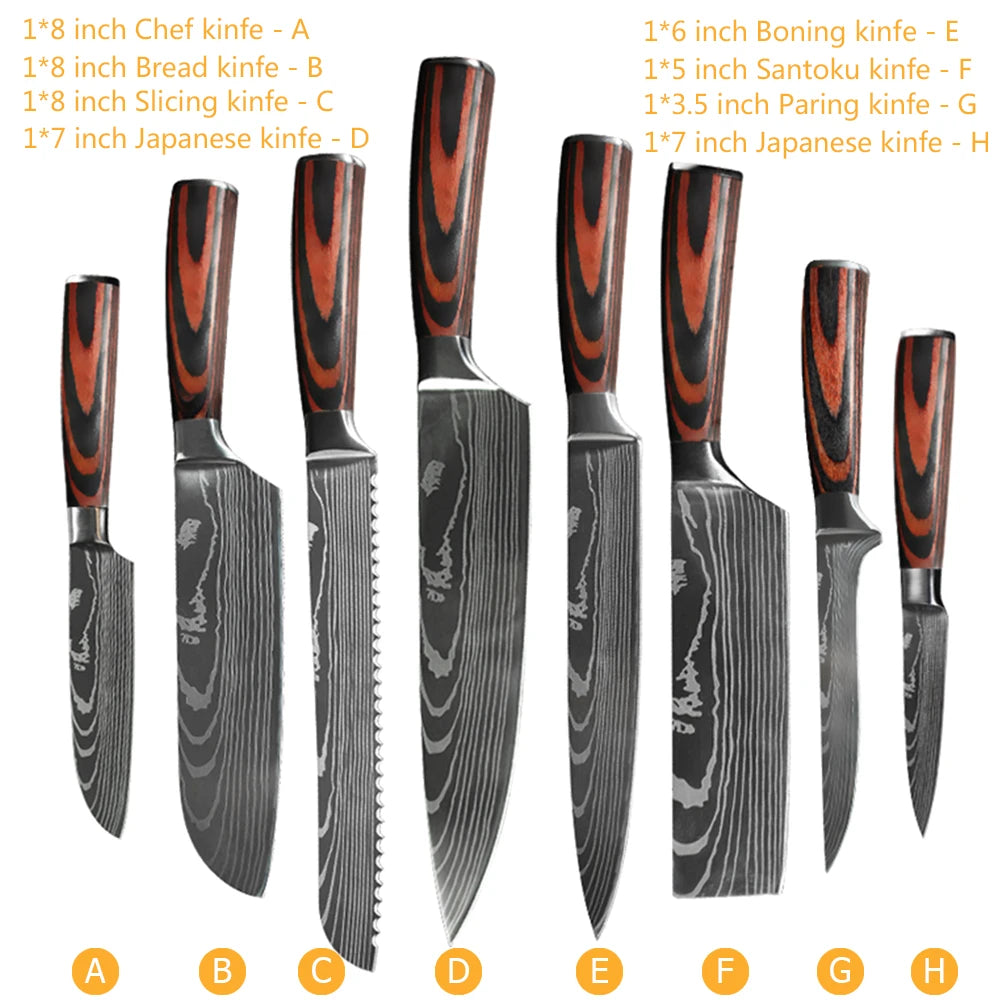 Damascus Pattern Japanese Chef Knife Set – Santoku, Cleaver & Utility (1–10 Pcs)