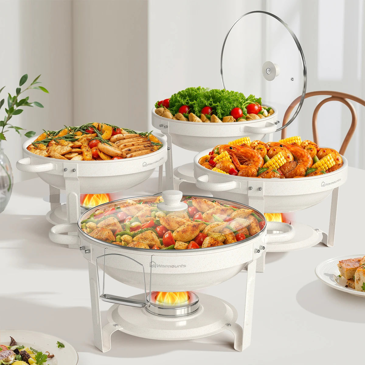 TAO 2/4Pack 5QT Fully Coated Round Chafing Dishes Buffet Set with Glass Lid White Style Chafer Water Pan