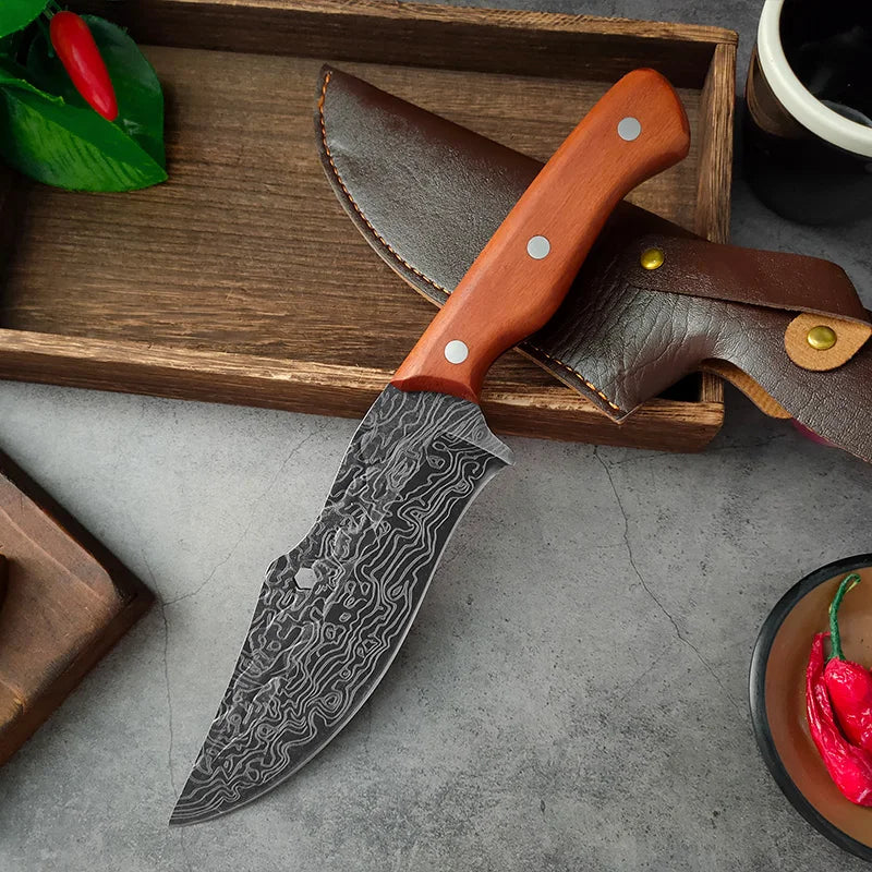Professional Damascus Forged Kitchen Knife Set – Wooden Handle Chef & Cleaver Knives