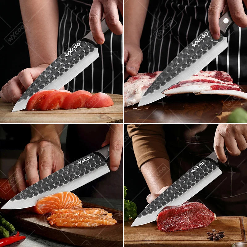 4-Piece Professional Chef Knife Set – Hammered Stainless Steel with Wood Handles