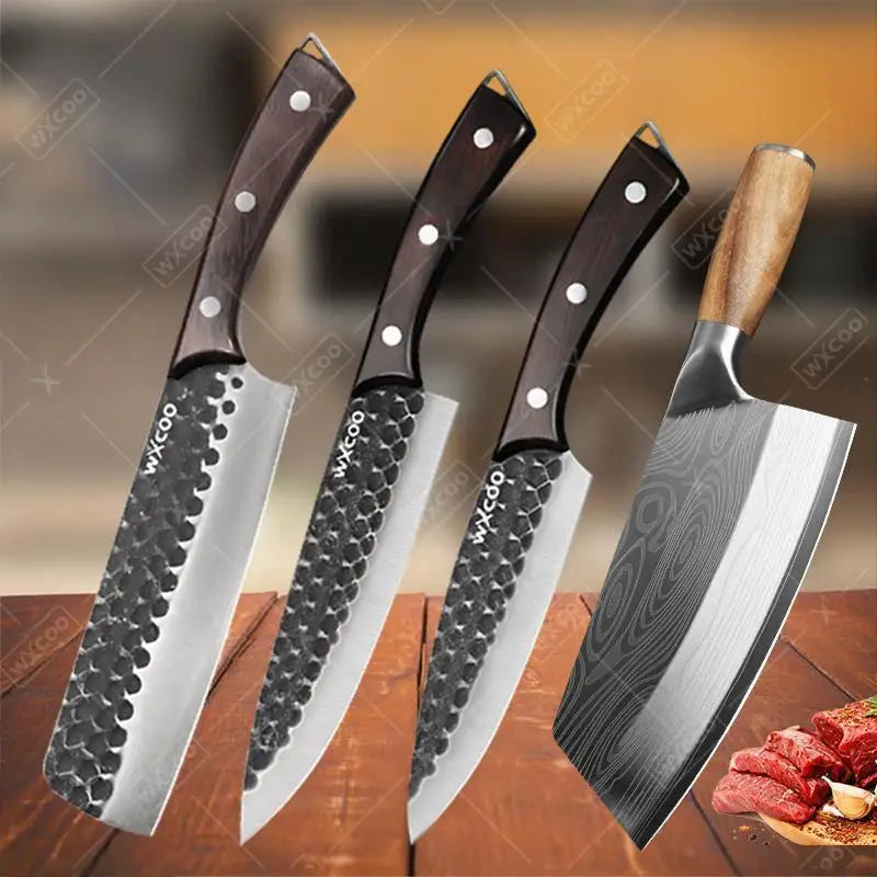 4-Piece Professional Chef Knife Set – Hammered Stainless Steel with Wood Handles