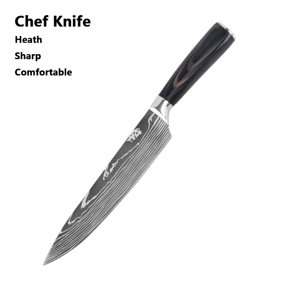 Damascus Pattern Japanese Chef Knife Set – Santoku, Cleaver & Utility (1–10 Pcs)