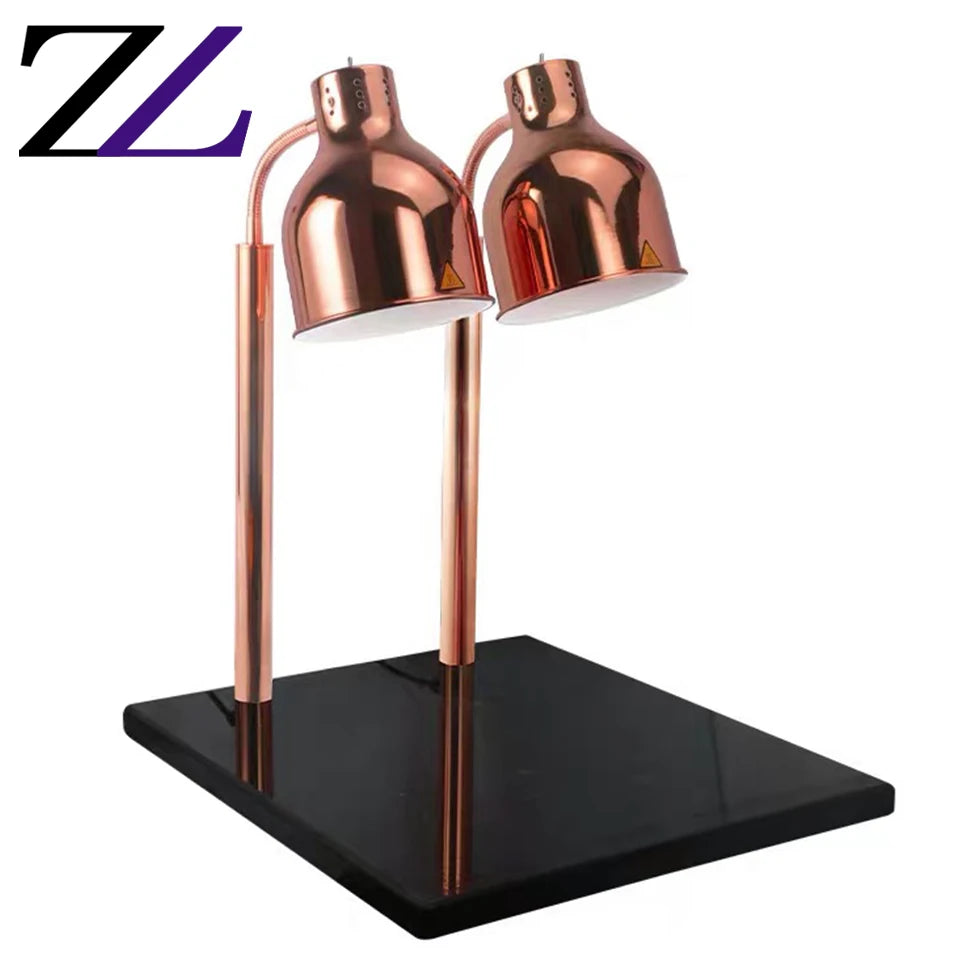 Golden Twin-Head Food Warmer Lamp with Black Marble Base