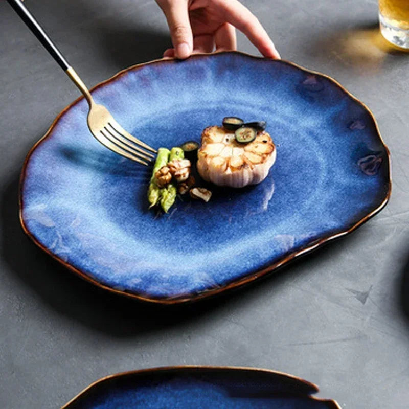 Deep Blue Ceramic Plates – Irregular Artisan Tableware for Hotels & Events