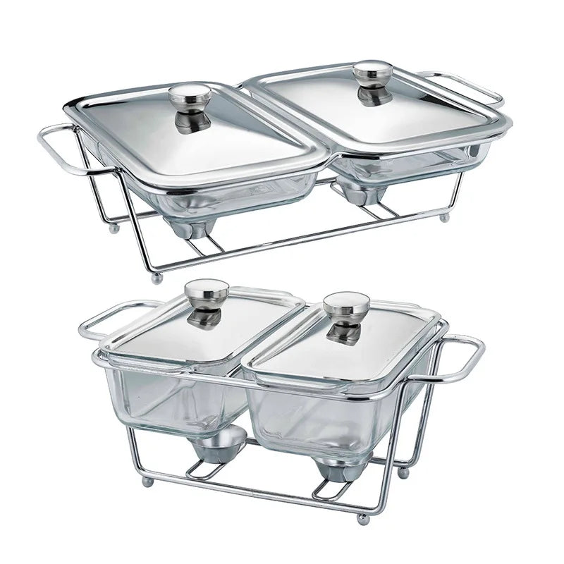 2-Pack Glass Food Warmers with Stainless Steel Rack, Chafing Dish Set with Lids & Candle Heating for Buffet Party