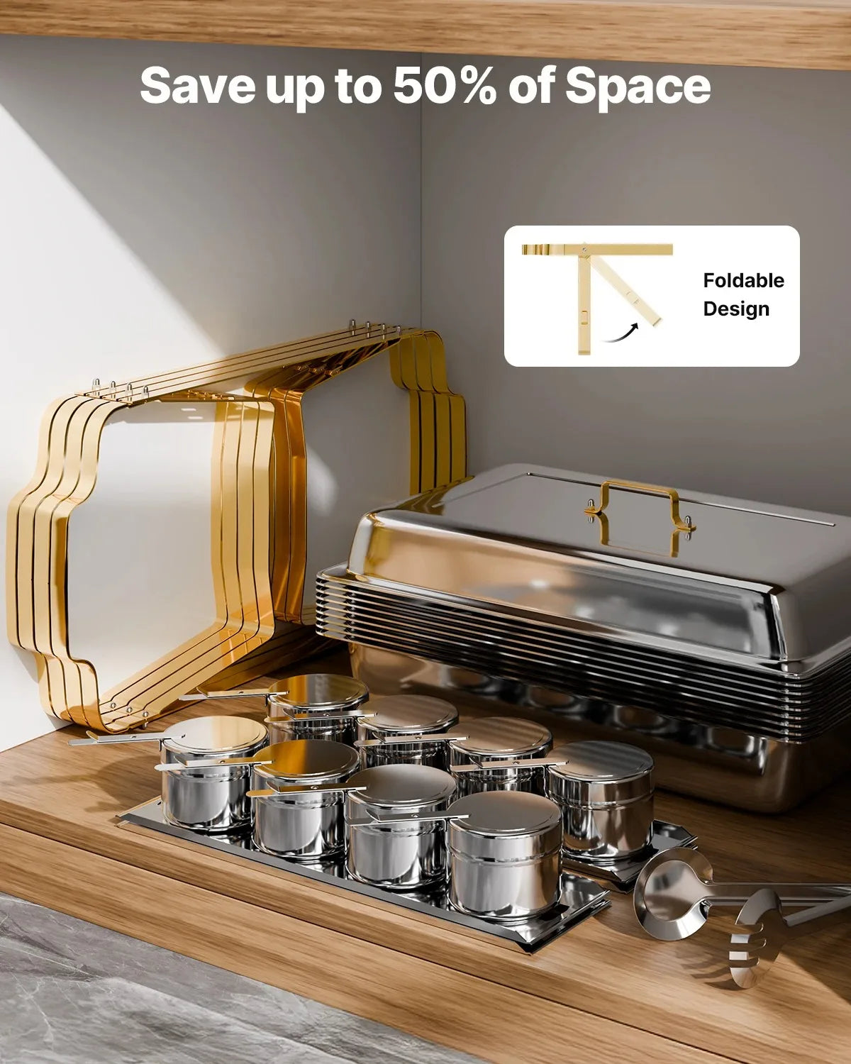 4-Pack Chafing Dish Buffet Set | 8Qt Stainless Steel Chafer with Full & Half Size Pans | Silver or Gold