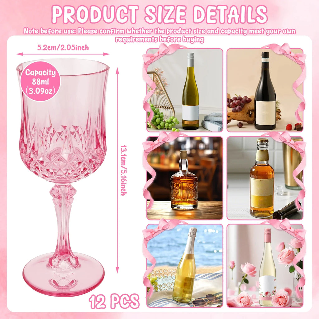Pink Plastic Wine Glasses — Set of 12
