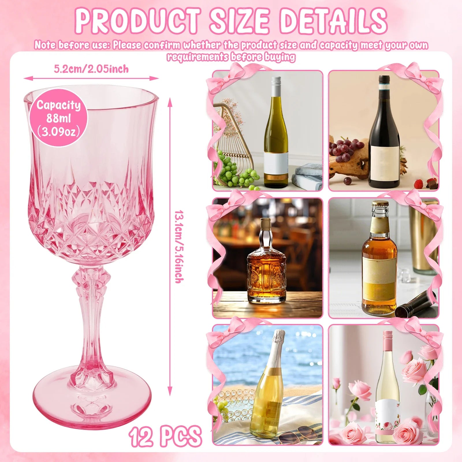 Pink Plastic Wine Glasses — Set of 12