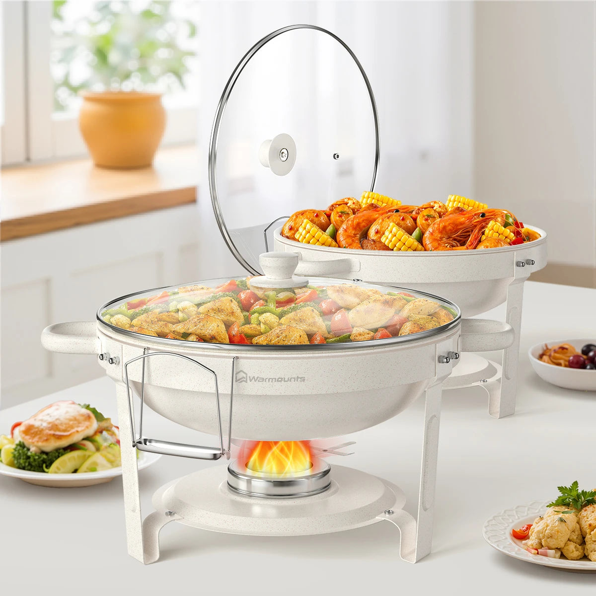 TAO 2/4Pack 5QT Fully Coated Round Chafing Dishes Buffet Set with Glass Lid White Style Chafer Water Pan