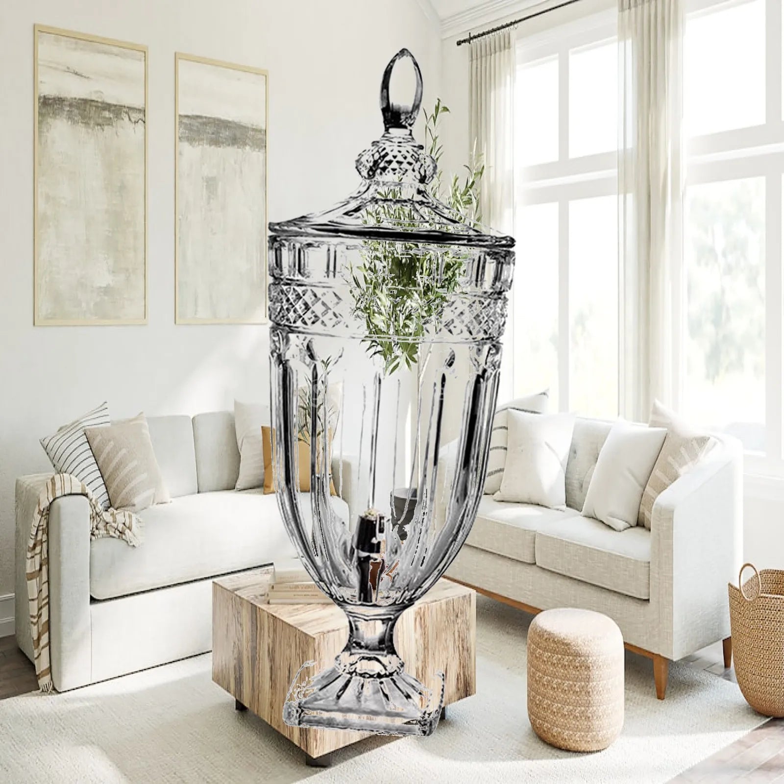 Luxury Relief Glass Pitcher with Lid & Faucet – Iced Tea & Juice Carafe