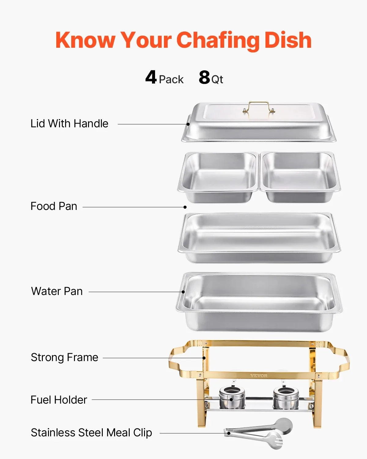 4-Pack Chafing Dish Buffet Set | 8Qt Stainless Steel Chafer with Full & Half Size Pans | Silver or Gold