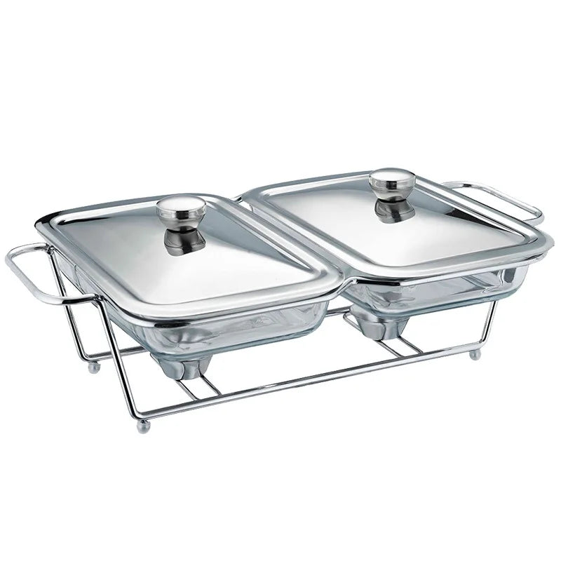 2-Pack Glass Food Warmers with Stainless Steel Rack, Chafing Dish Set with Lids & Candle Heating for Buffet Party