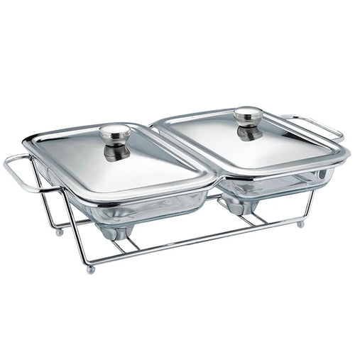 2-Pack Glass Food Warmers with Stainless Steel Rack, Chafing Dish Set with Lids & Candle Heating for Buffet Party