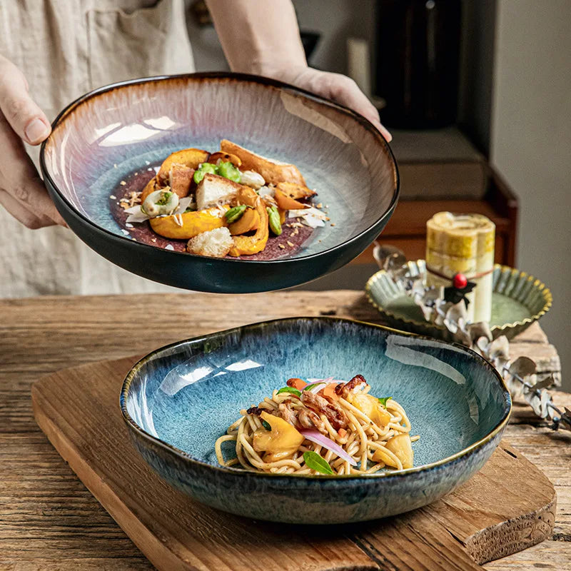 Japanese Kiln Change Ceramic Pasta Plate Large Soup Bowl Salad Serving Dish Dessert Fruit Plate Restaurant Tableware