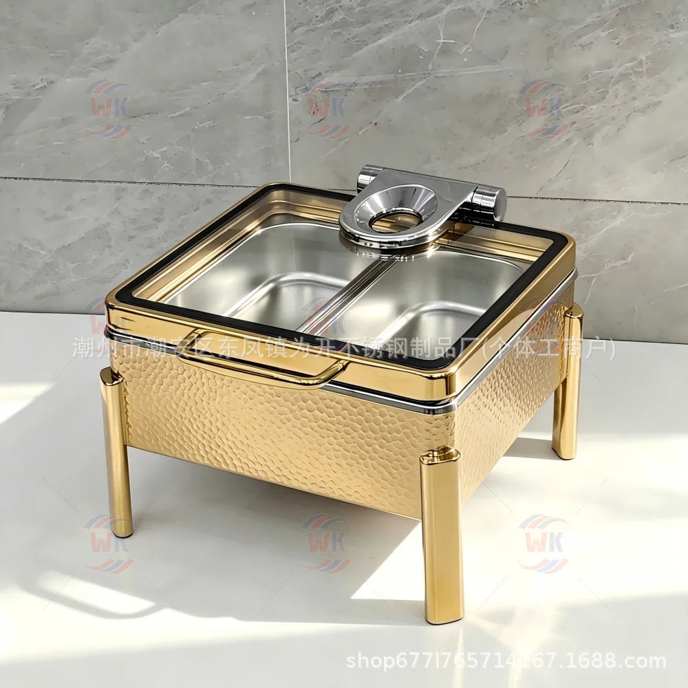 Stainless Steel Chafing Dish, Rose Gold Hammered Texture, Commercial Heating Food Warmer for Hotel Buffet Breakfast