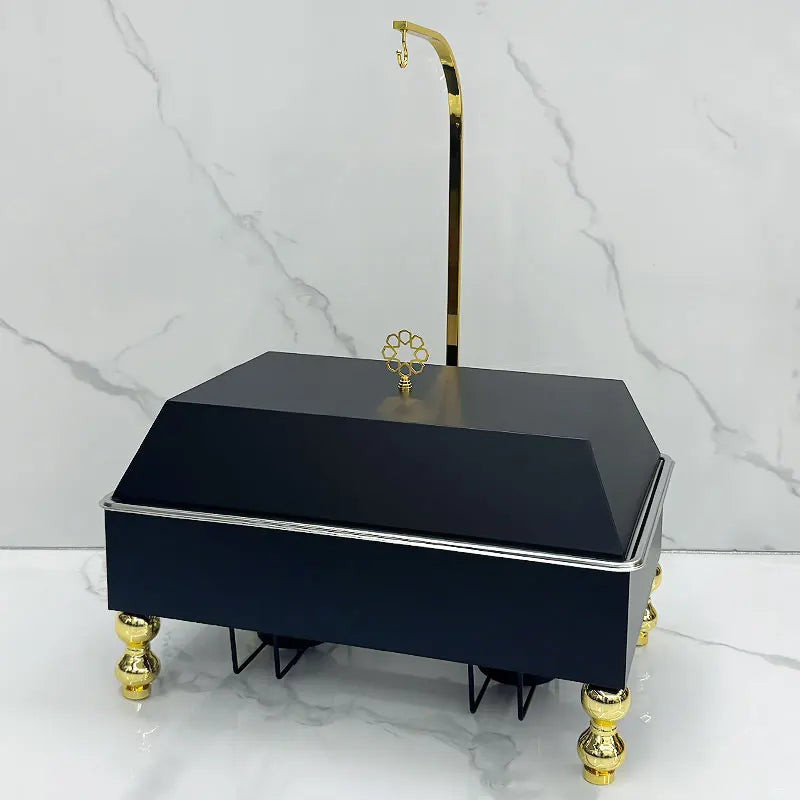 9L Rectangular Chafing Dish with Hanging Lid | Wood Grain, White & Black | Stainless Steel Buffet Warmer