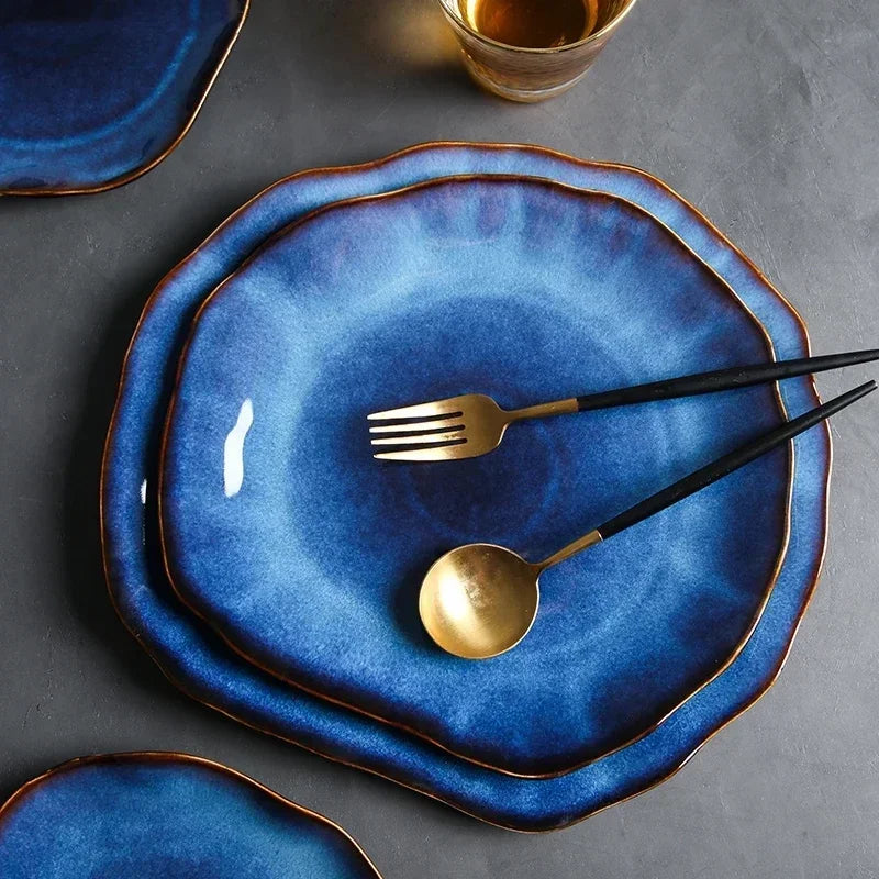 Deep Blue Ceramic Plates – Irregular Artisan Tableware for Hotels & Events