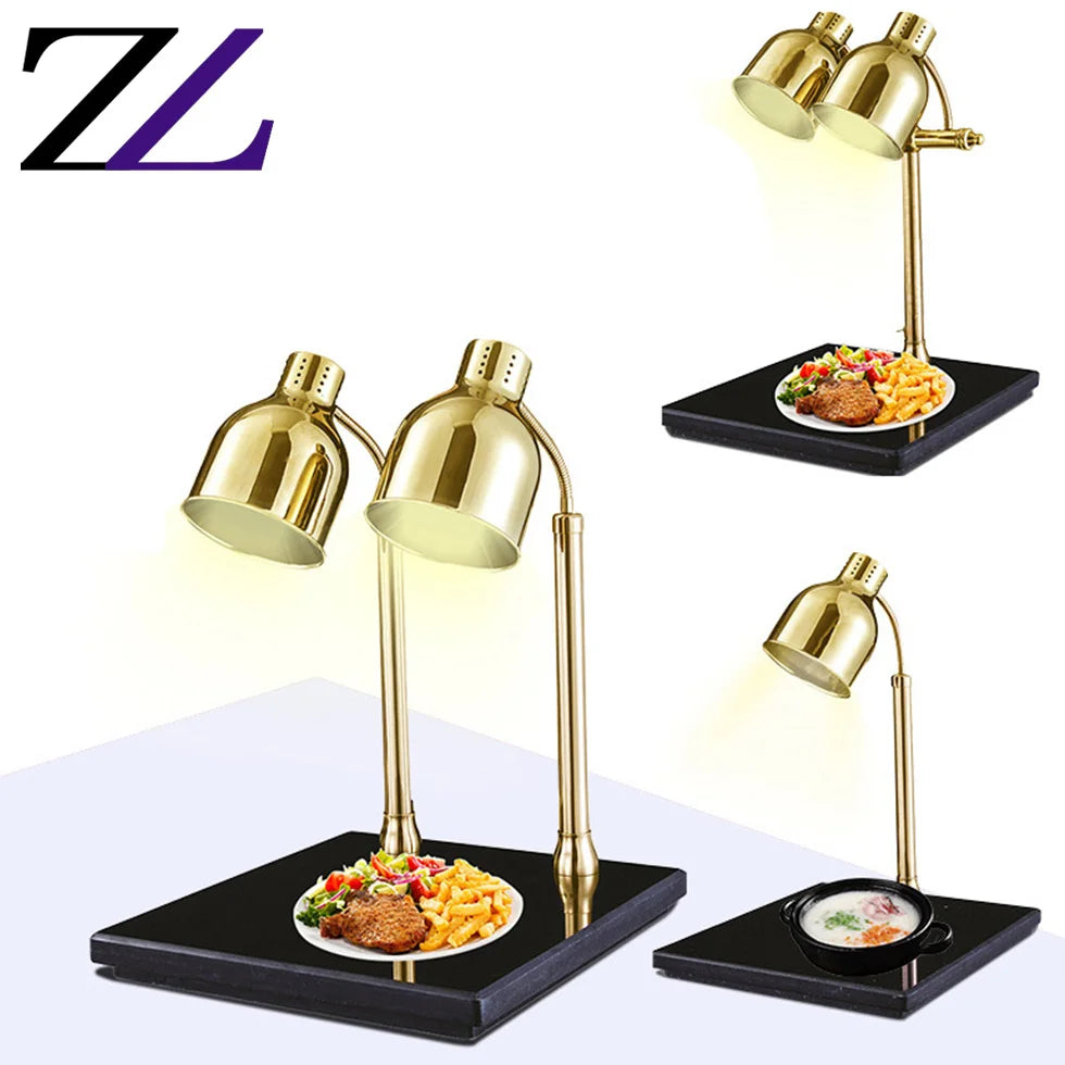 Golden Twin-Head Food Warmer Lamp with Black Marble Base