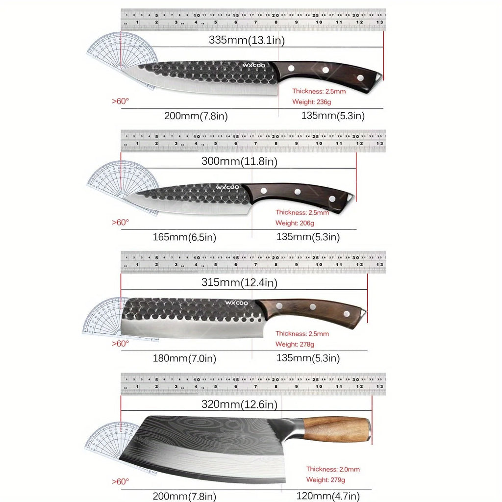 4-Piece Professional Chef Knife Set – Hammered Stainless Steel with Wood Handles