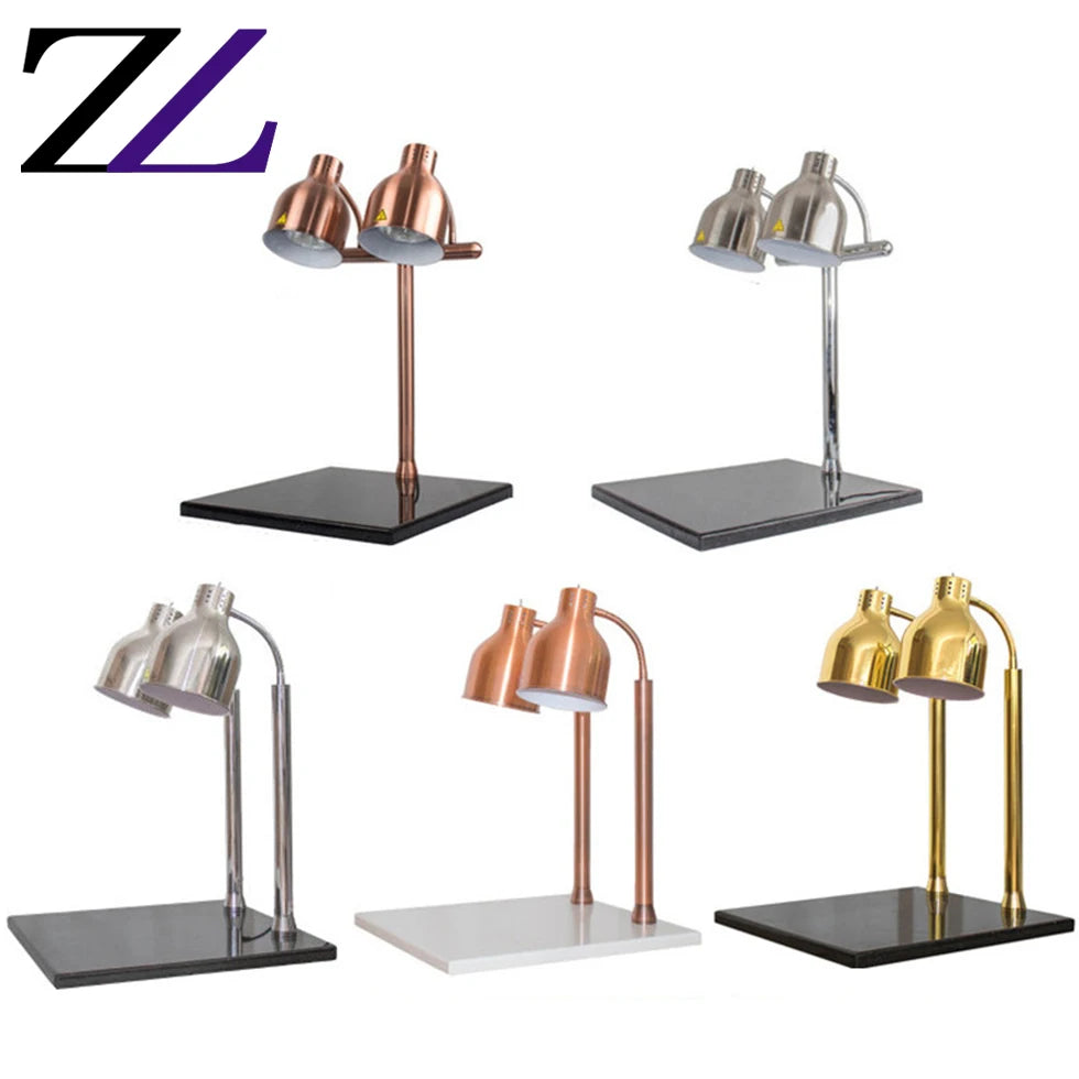 Golden Twin-Head Food Warmer Lamp with Black Marble Base