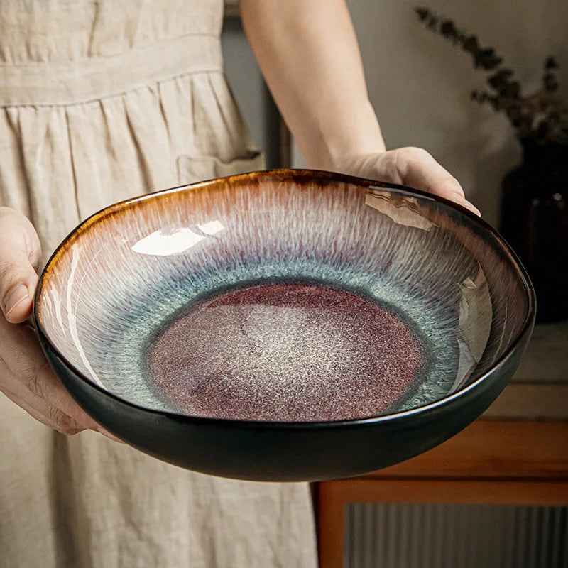 Japanese Kiln Change Ceramic Pasta Plate Large Soup Bowl Salad Serving Dish Dessert Fruit Plate Restaurant Tableware