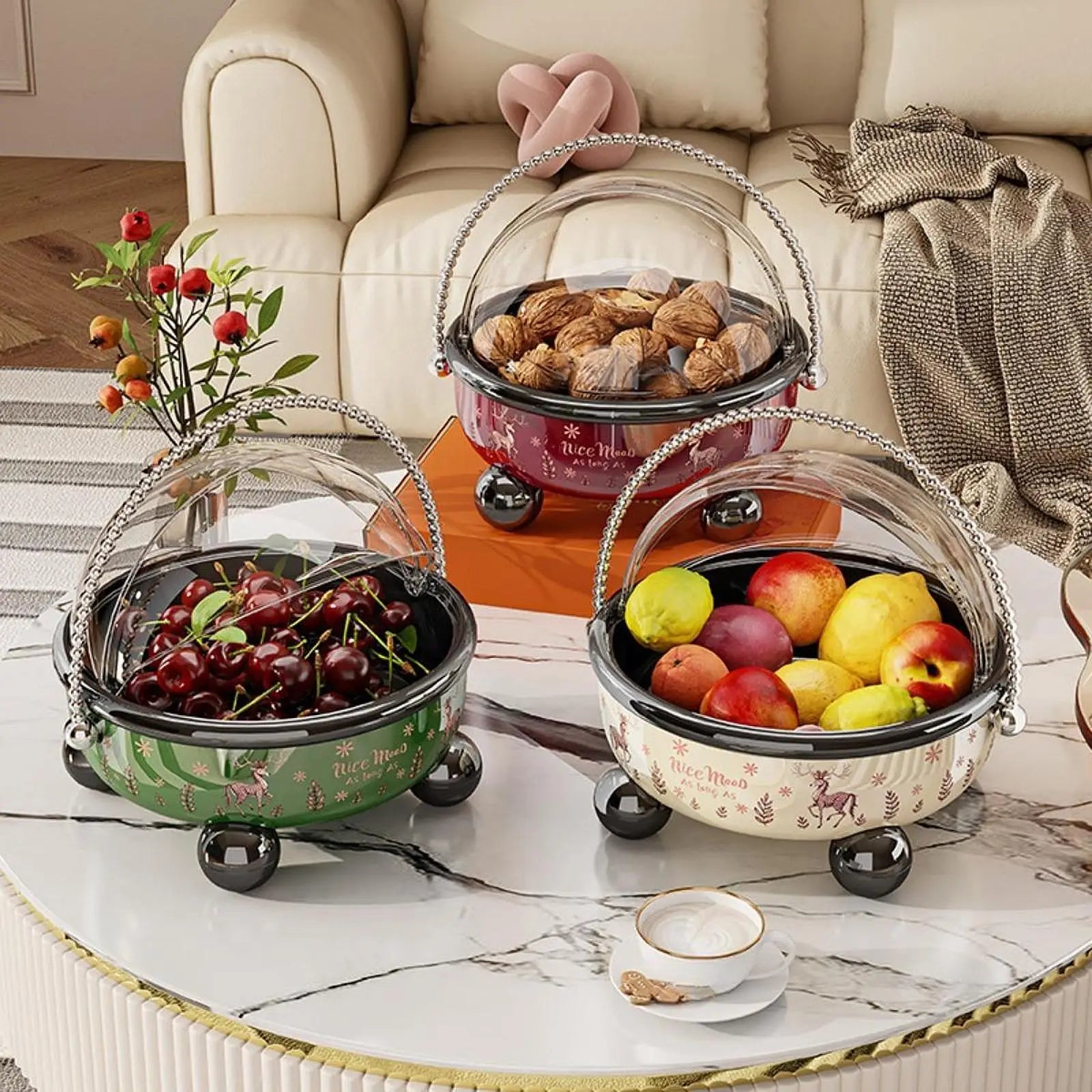 Lidded Pedestal Fruit & Snack Bowl with Chain Handle