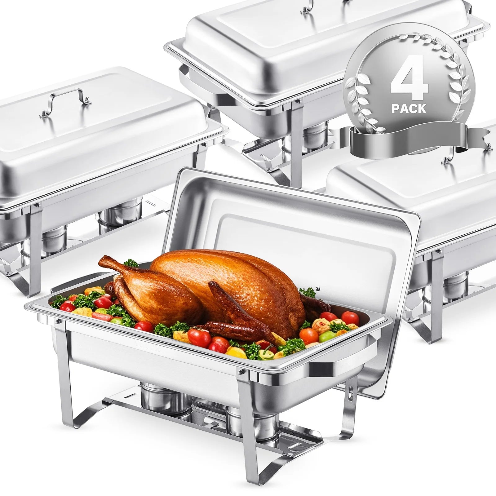 4-Pack Chafing Dish Buffet Set | 8Qt Stainless Steel Chafer with Full & Half Size Pans | Silver or Gold