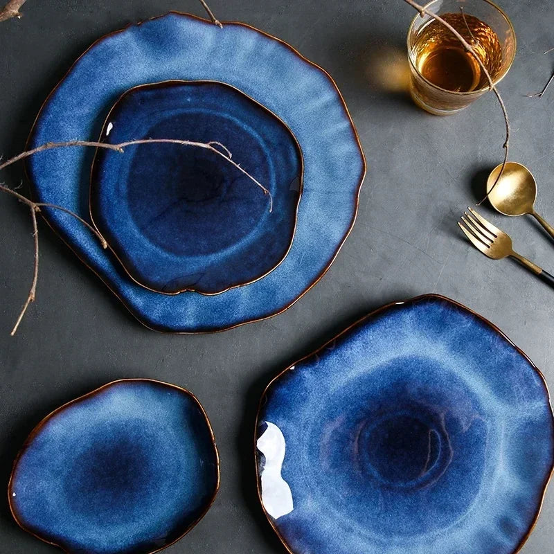 Deep Blue Ceramic Plates – Irregular Artisan Tableware for Hotels & Events