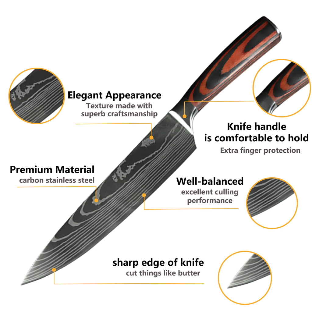 Damascus Pattern Japanese Chef Knife Set – Santoku, Cleaver & Utility (1–10 Pcs)