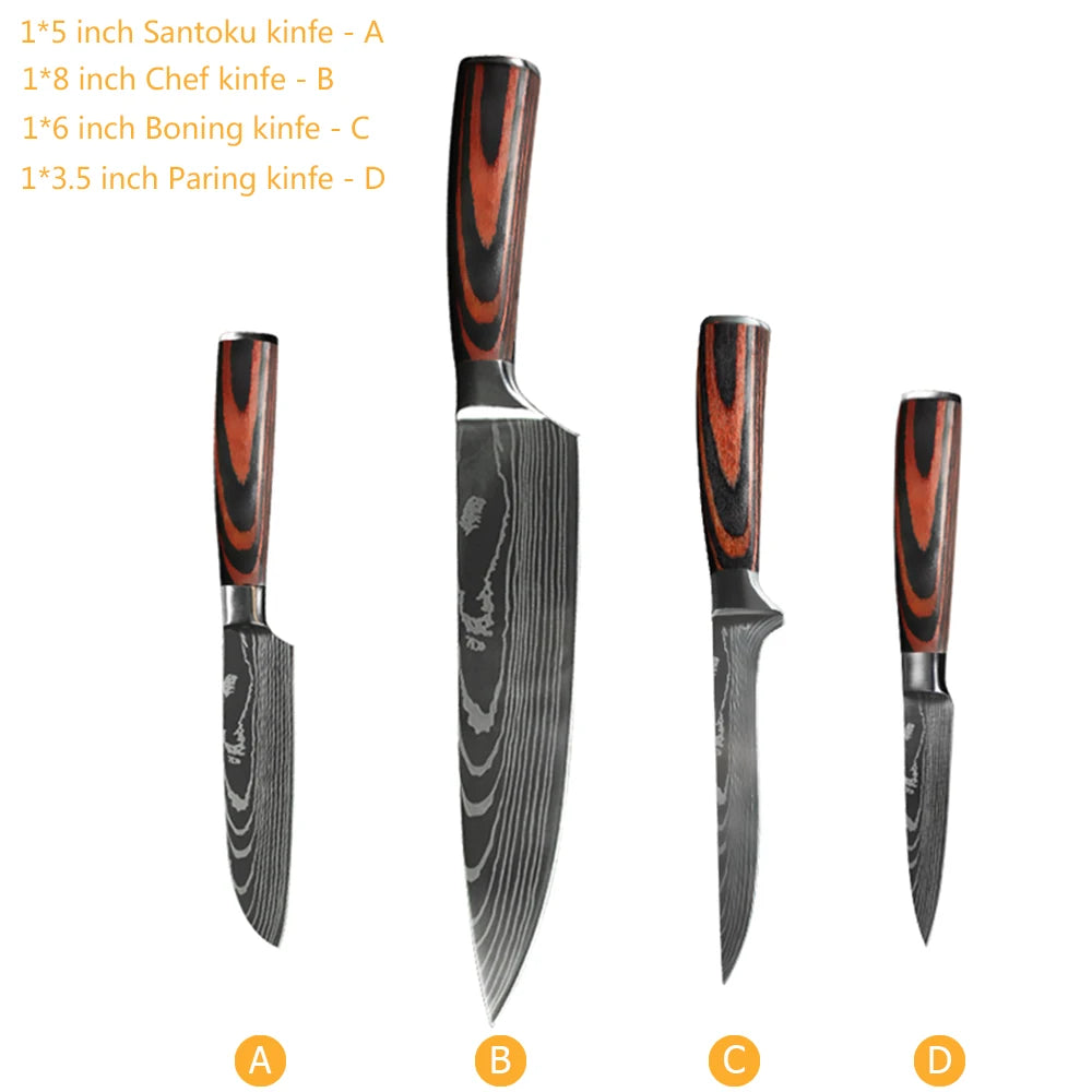 Damascus Pattern Japanese Chef Knife Set – Santoku, Cleaver & Utility (1–10 Pcs)