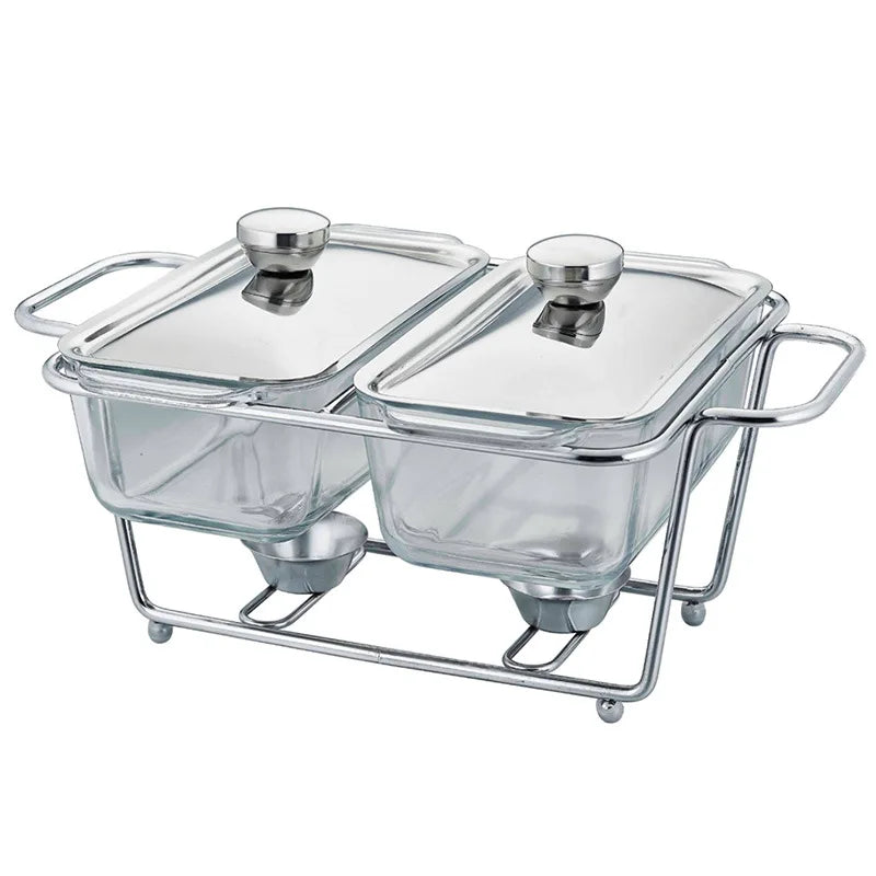 2-Pack Glass Food Warmers with Stainless Steel Rack, Chafing Dish Set with Lids & Candle Heating for Buffet Party