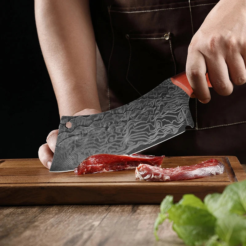 Professional Damascus Forged Kitchen Knife Set – Wooden Handle Chef & Cleaver Knives