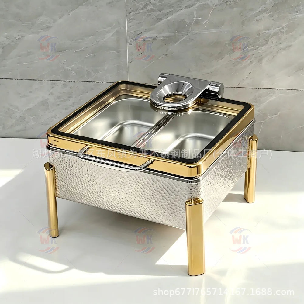 Stainless Steel Chafing Dish, Rose Gold Hammered Texture, Commercial Heating Food Warmer for Hotel Buffet Breakfast