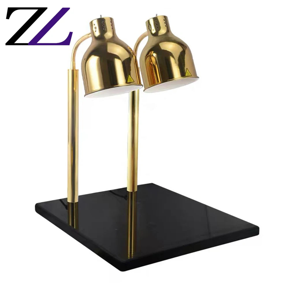 Golden Twin-Head Food Warmer Lamp with Black Marble Base
