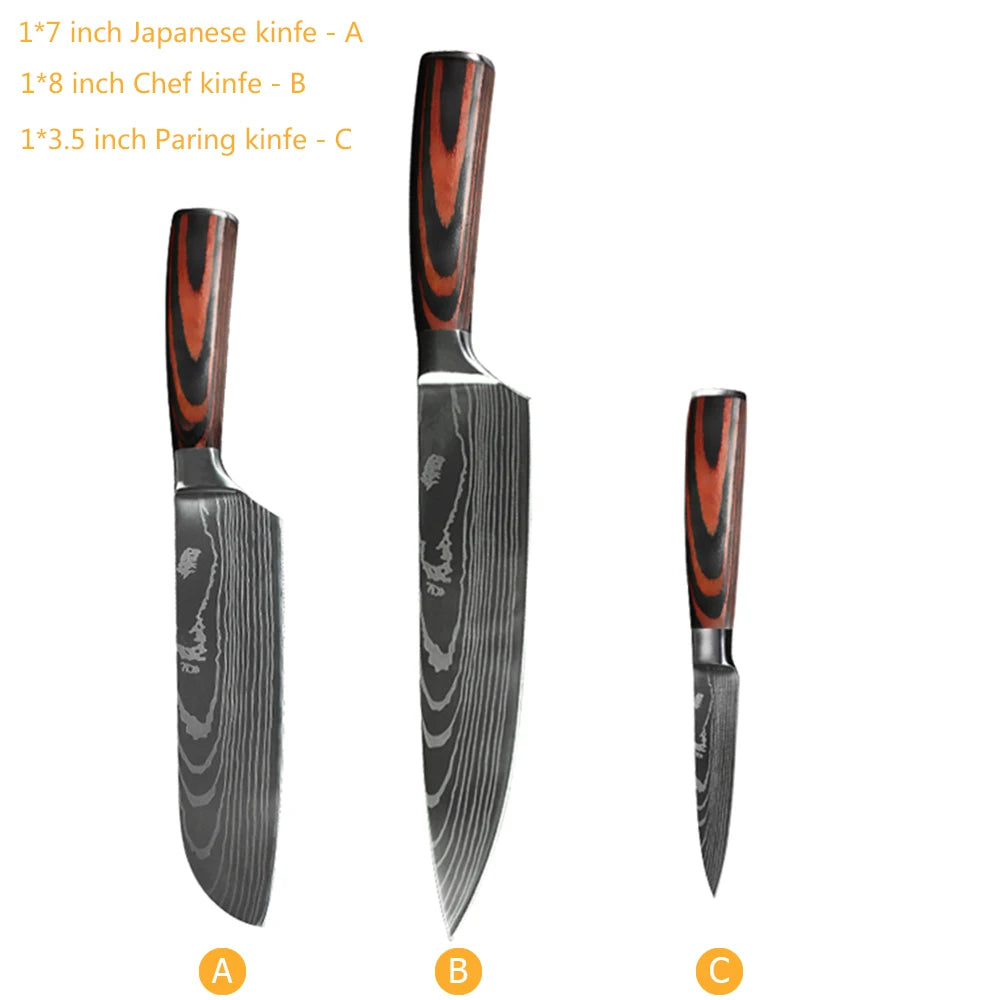 Damascus Pattern Japanese Chef Knife Set – Santoku, Cleaver & Utility (1–10 Pcs)