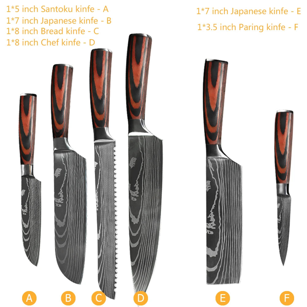 Damascus Pattern Japanese Chef Knife Set – Santoku, Cleaver & Utility (1–10 Pcs)