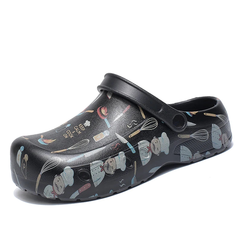 Chef Clogs with Cartoon Print Non-Slip Kitchen Work Shoes for Restaurant Staff Waterproof Oil Resistant