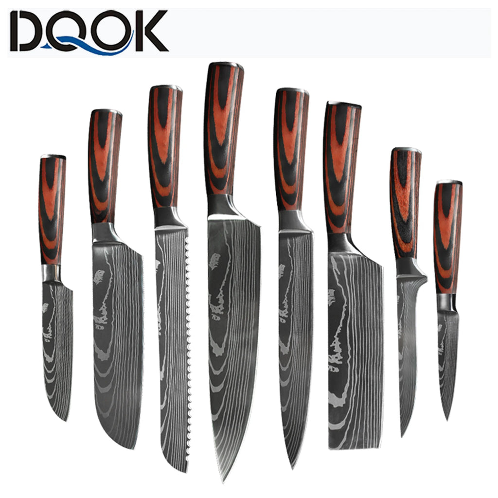 Damascus Pattern Japanese Chef Knife Set – Santoku, Cleaver & Utility (1–10 Pcs)