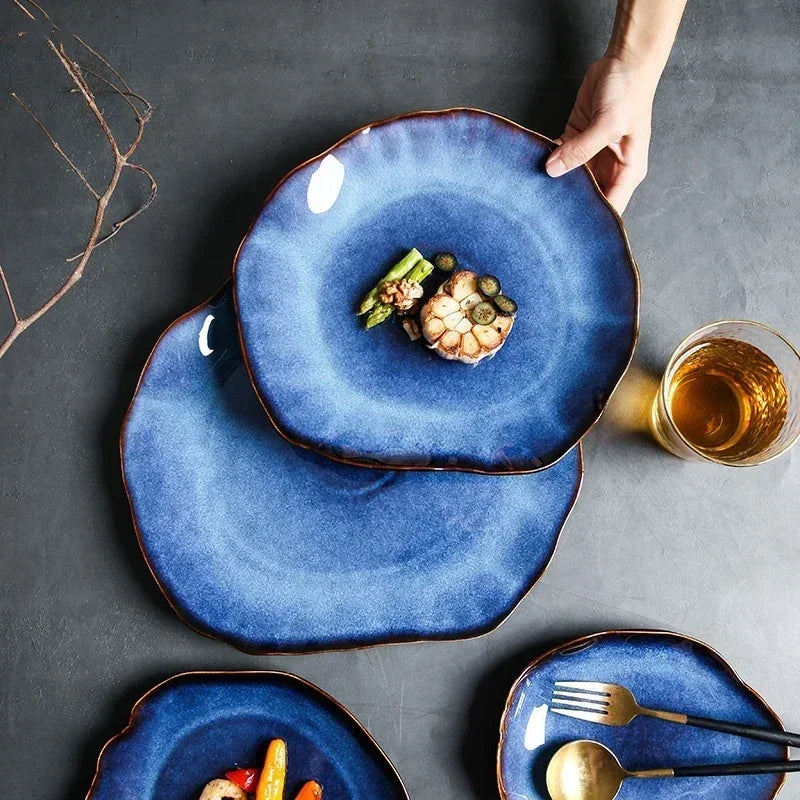 Deep Blue Ceramic Plates – Irregular Artisan Tableware for Hotels & Events