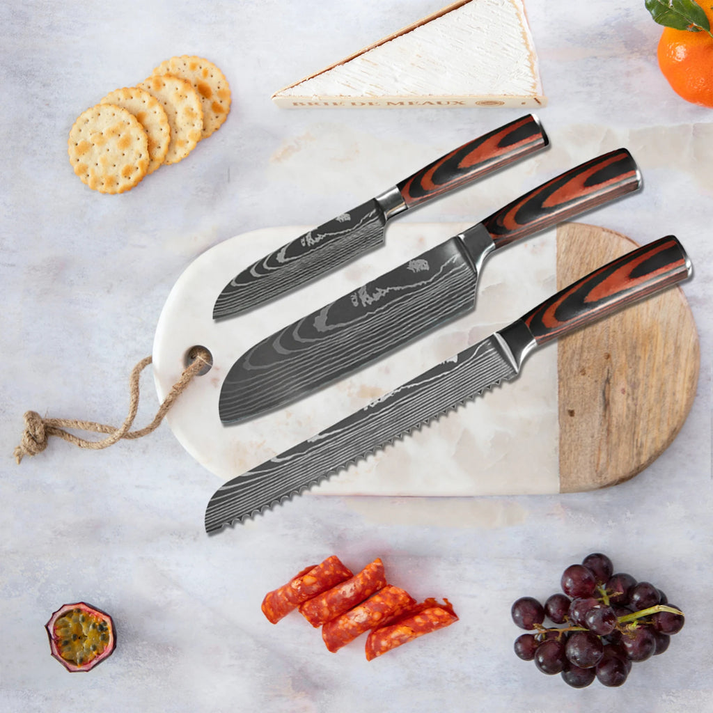Damascus Pattern Japanese Chef Knife Set – Santoku, Cleaver & Utility (1–10 Pcs)