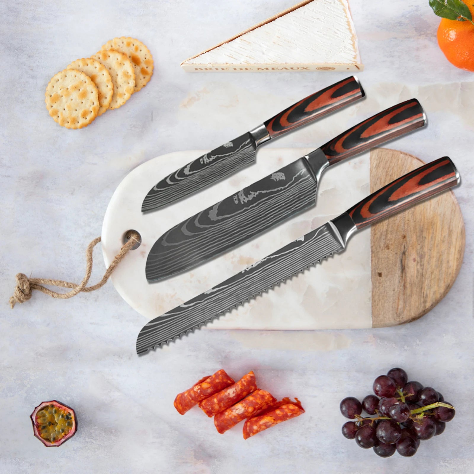Damascus Pattern Japanese Chef Knife Set – Santoku, Cleaver & Utility (1–10 Pcs)