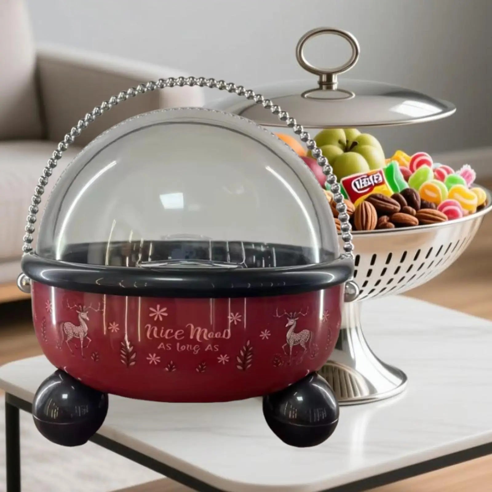 Lidded Pedestal Fruit & Snack Bowl with Chain Handle